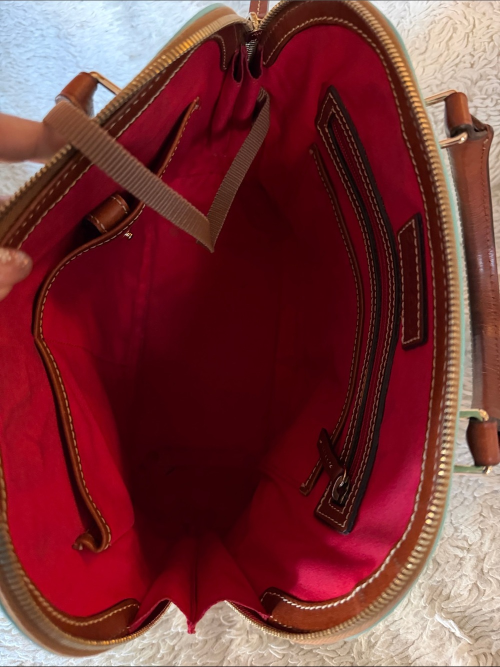 Dooney & Bourke Aqua Pebble Leather Satchel with Brown Trim and Handles - Picture 5 of 13